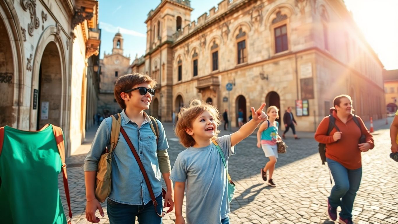 Família explorando Coimbra com crianças, arquitetura histórica.