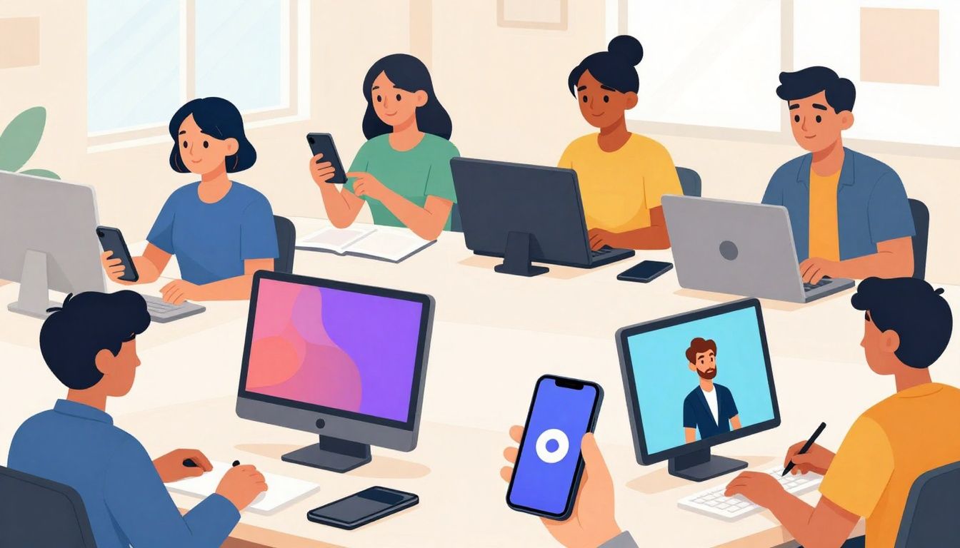Ilustração vibrante de diversas pessoas criando avatares digitais em computadores e smartphones.
