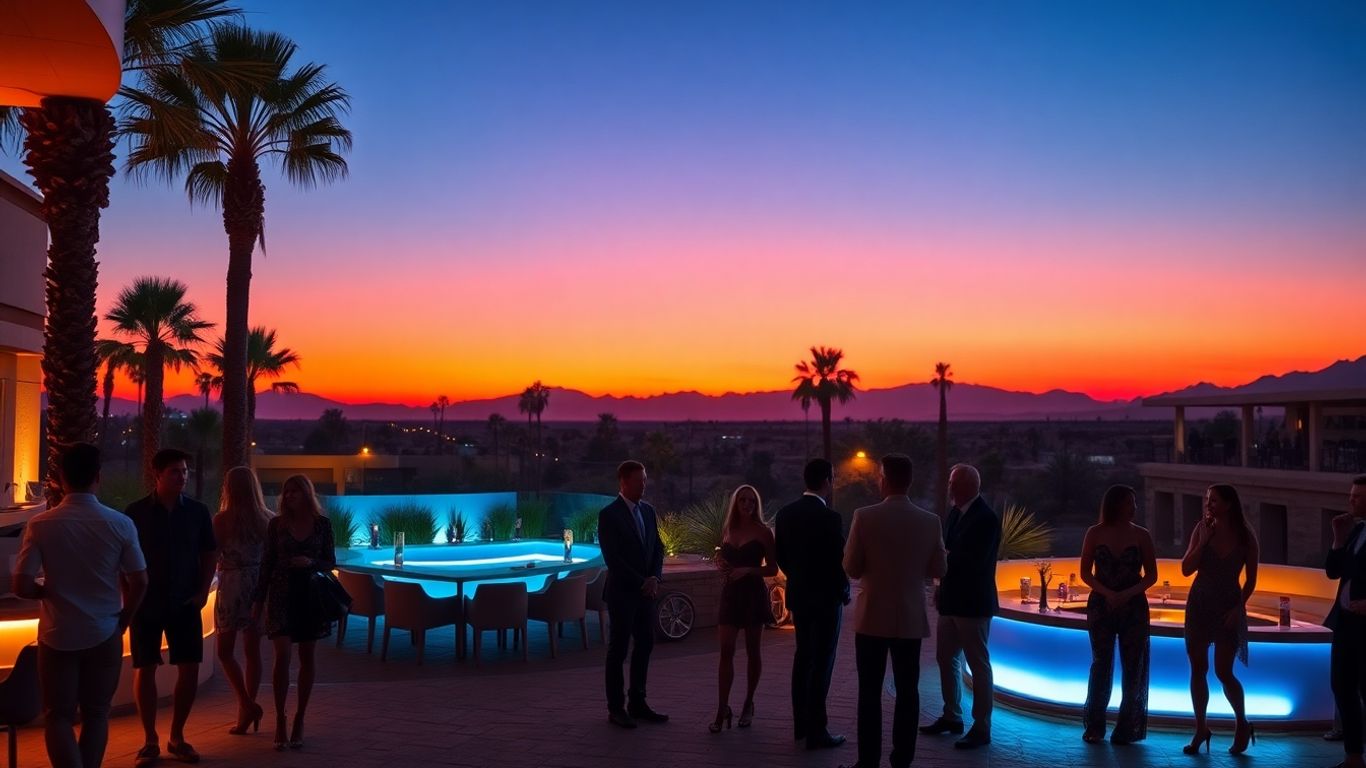 Desert party with stylish people and sunset.