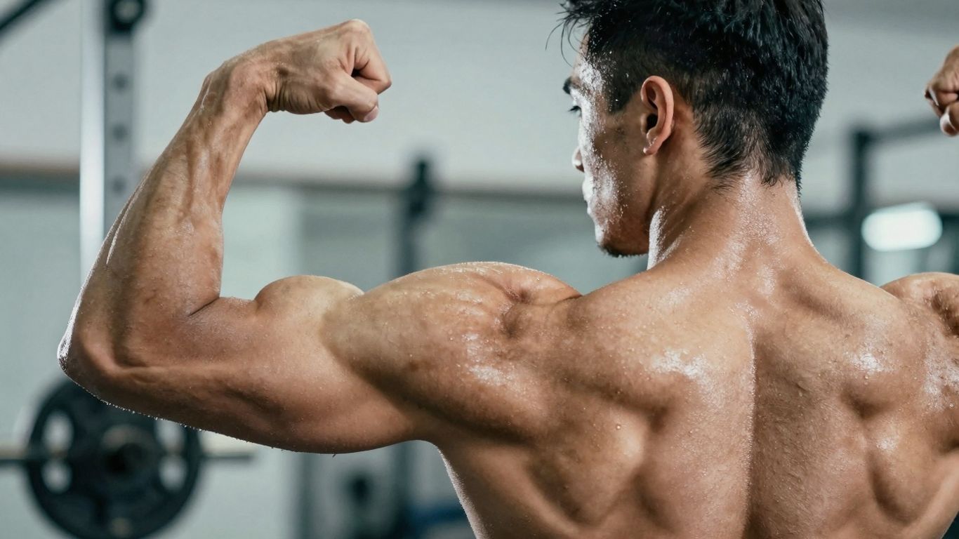 Muscular athlete recovering after intense weight training session.