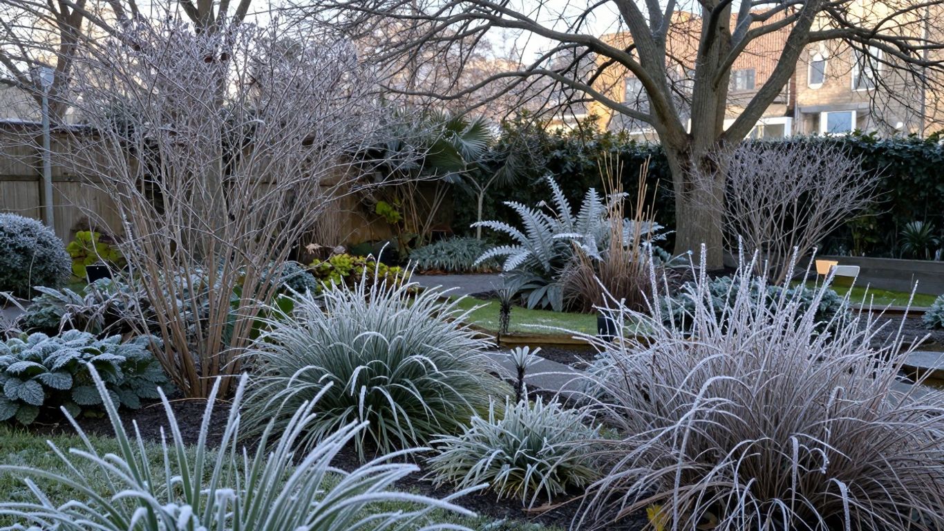 Wintergarten mit frostbedeckten Pflanzen und kahlen Ästen.