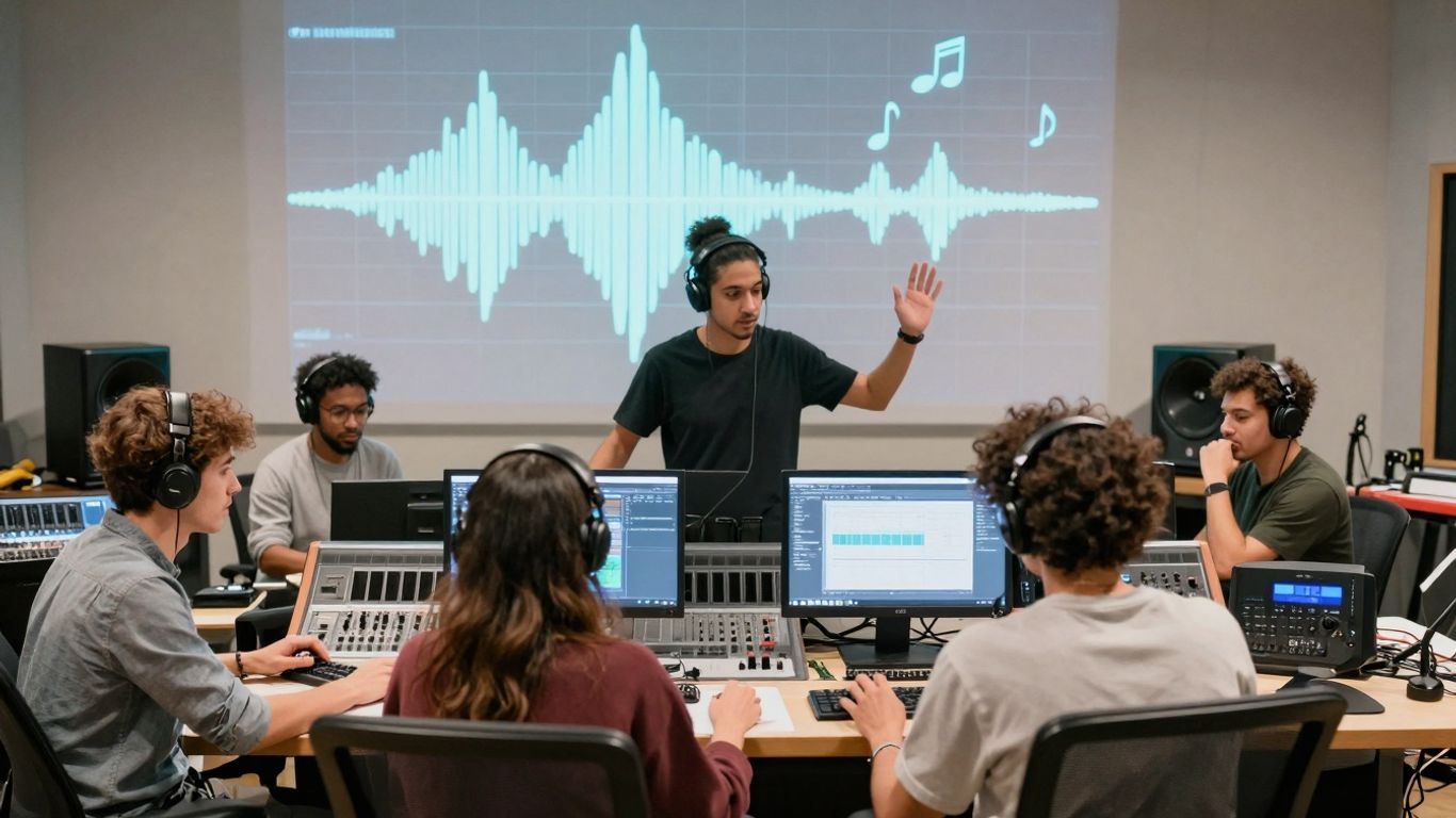 Diverse producers creating music with glowing waveforms.