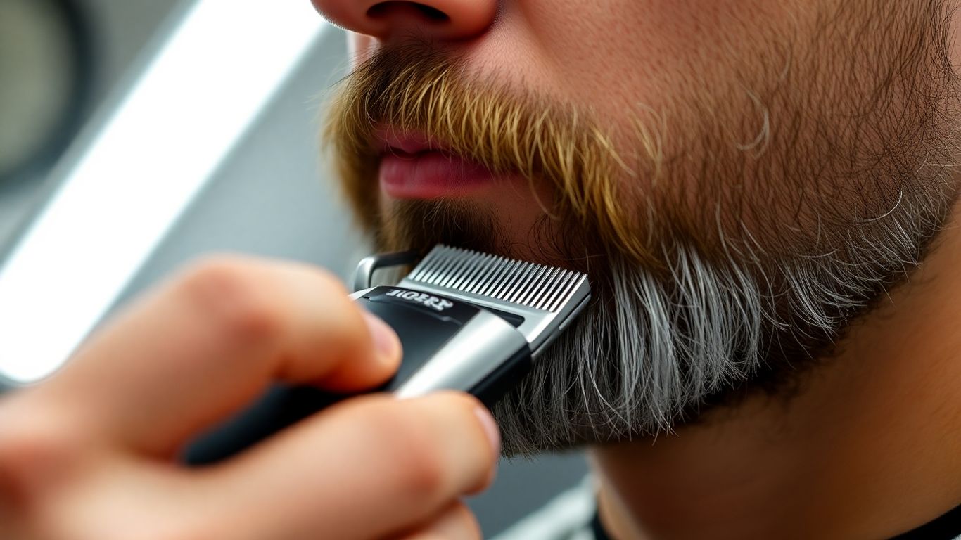 Barber trimming a man's beard with clippers.
