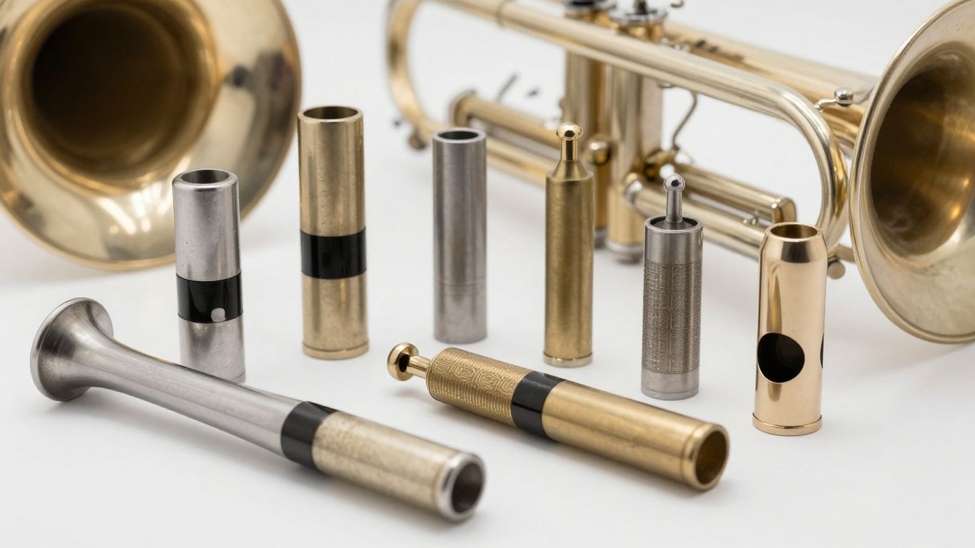 Verschiedene Trompetendämpfer und ein Mundstück.