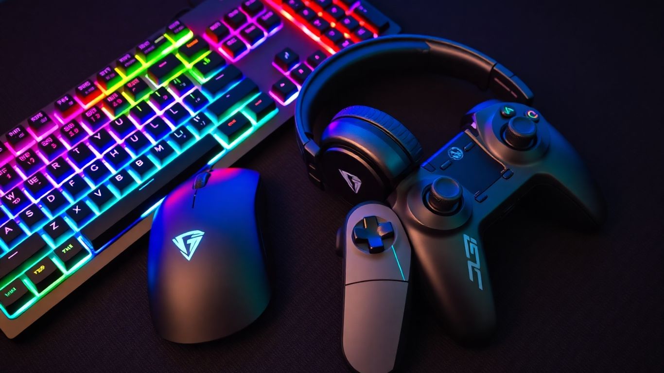 Gejmerski dodaci na stolu, tastatura, miš, slušalice, kontroler.