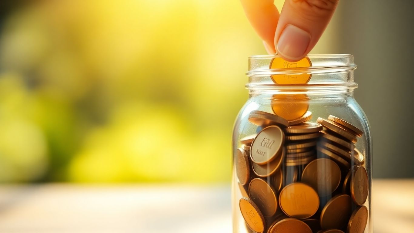 Hand placing coin in jar, financial growth concept.