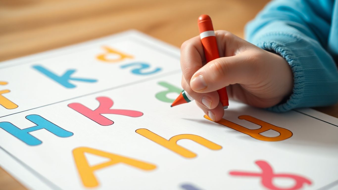Child tracing alphabet letters on worksheets.