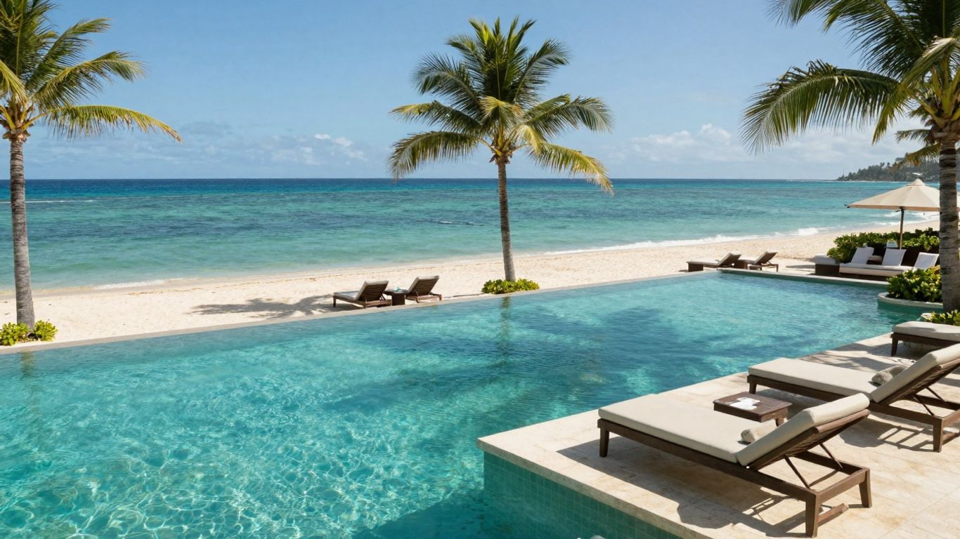 Luxury beach resort with infinity pool and ocean view.