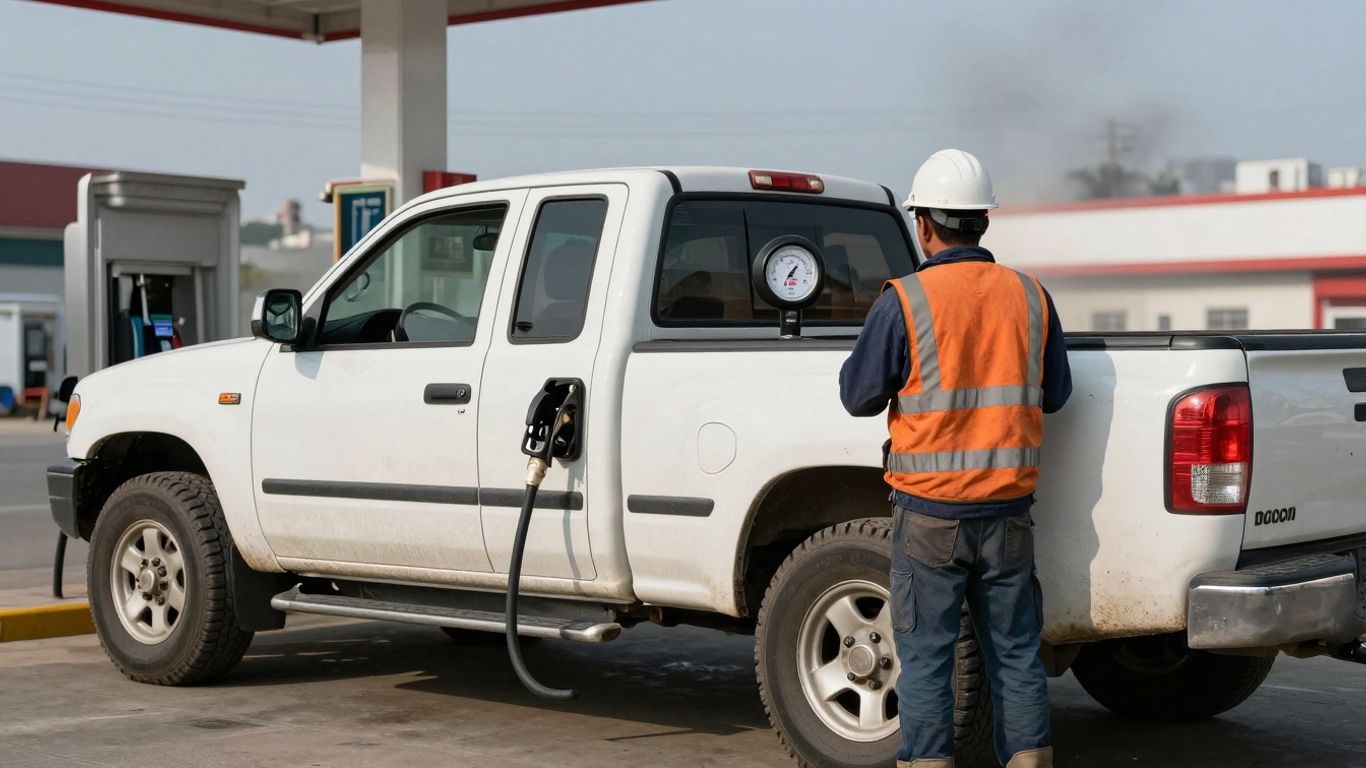 Builder near truck at petrol station, fuel gauge low.