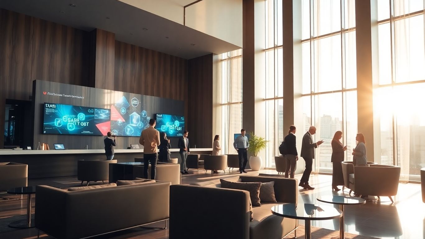 Hotel lobby with digital interfaces and guests