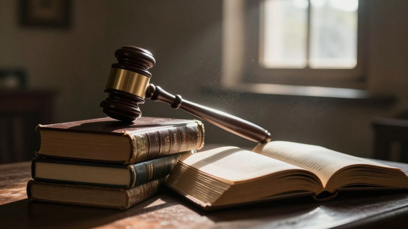 Gavel on law books with sunlight.