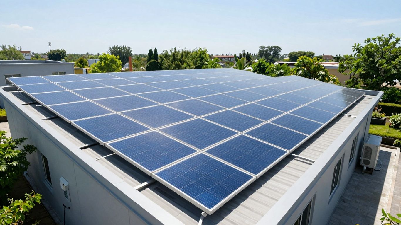 Panneaux solaires sur un toit sous un ciel bleu.