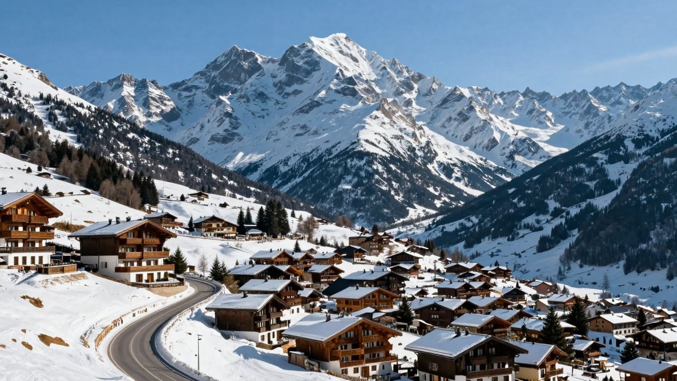 Snowy mountain peak above a luxury ski resort village.
