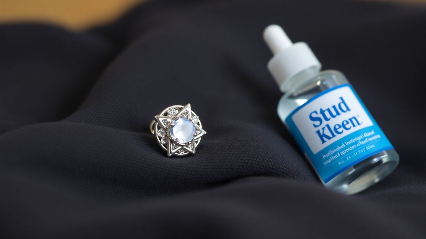 Shiny silver stud earring next to Stud Kleen cleaner.