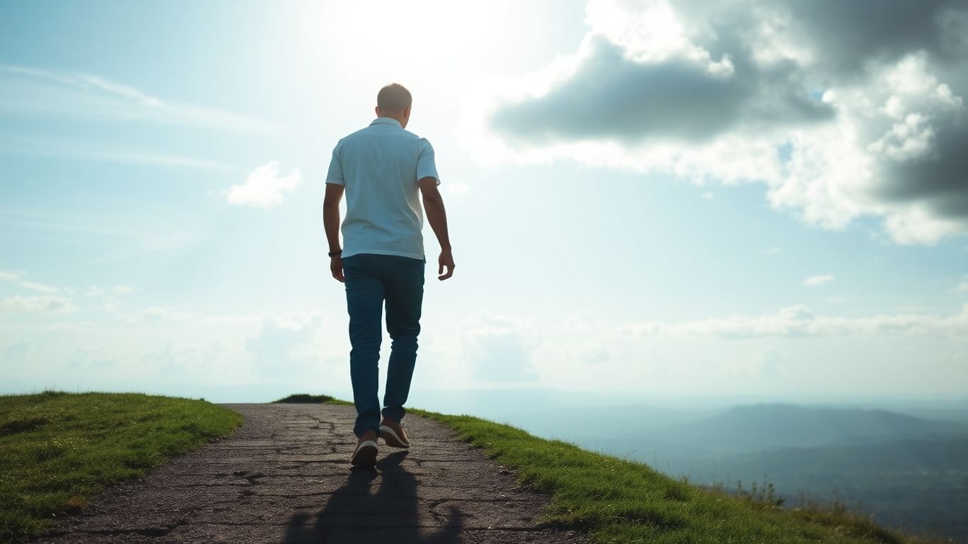 Person walking on a path towards a bright horizon.