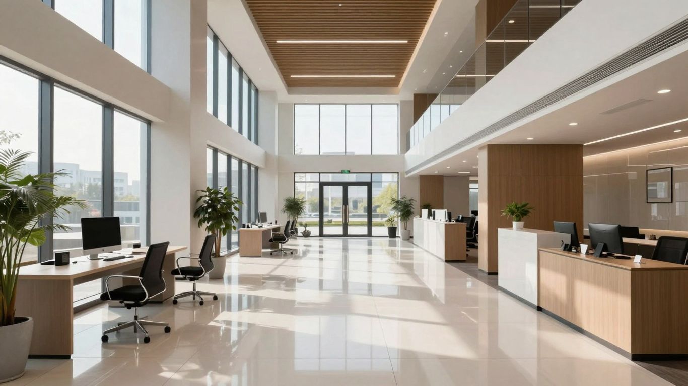 Modern commercial interior with upgraded flooring and natural light.