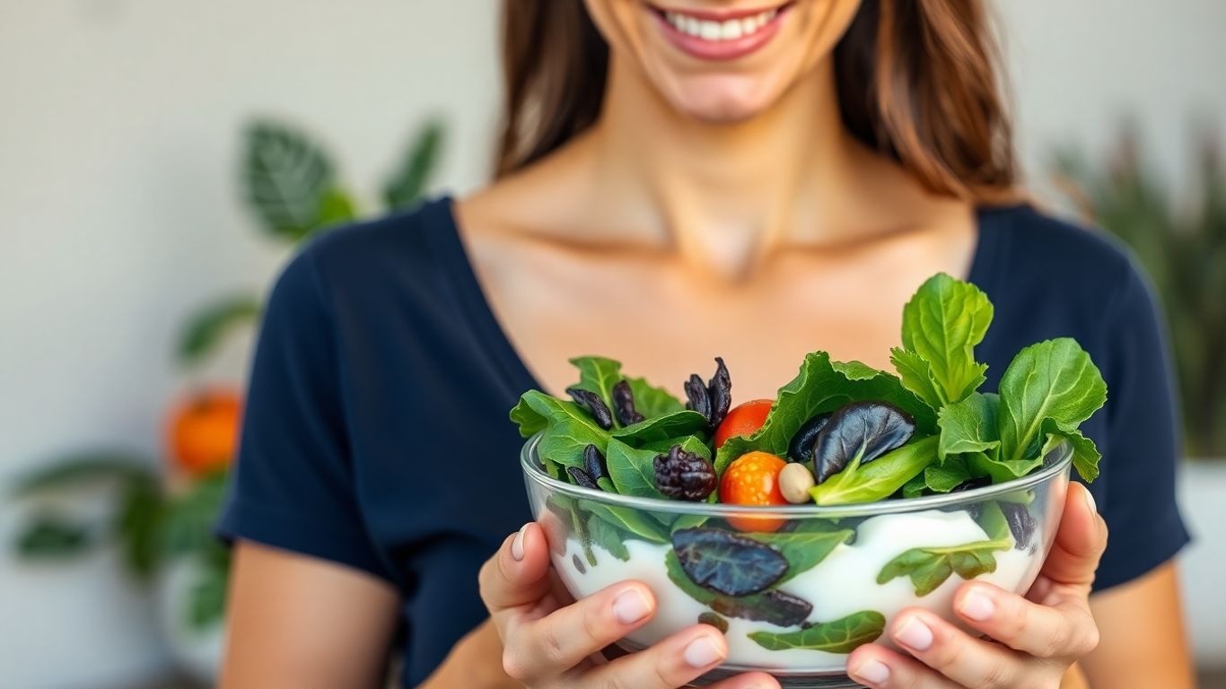 Woman with healthy bones and nutritious food.