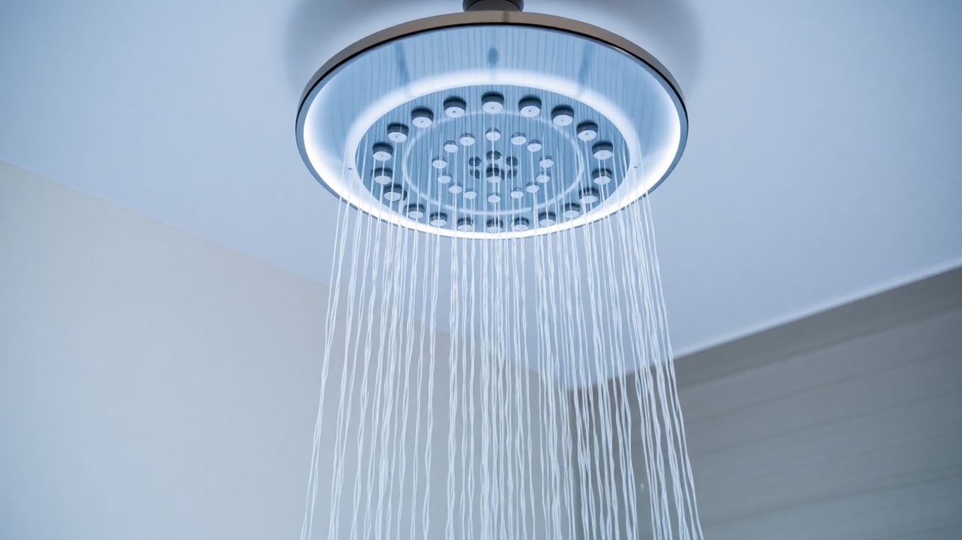 Modern ceiling shower head with water stream.