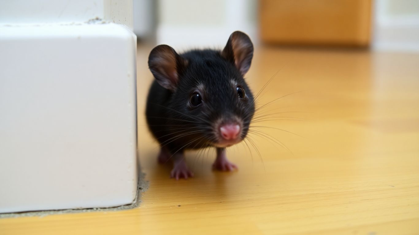 Mouse hiding behind baseboard in home