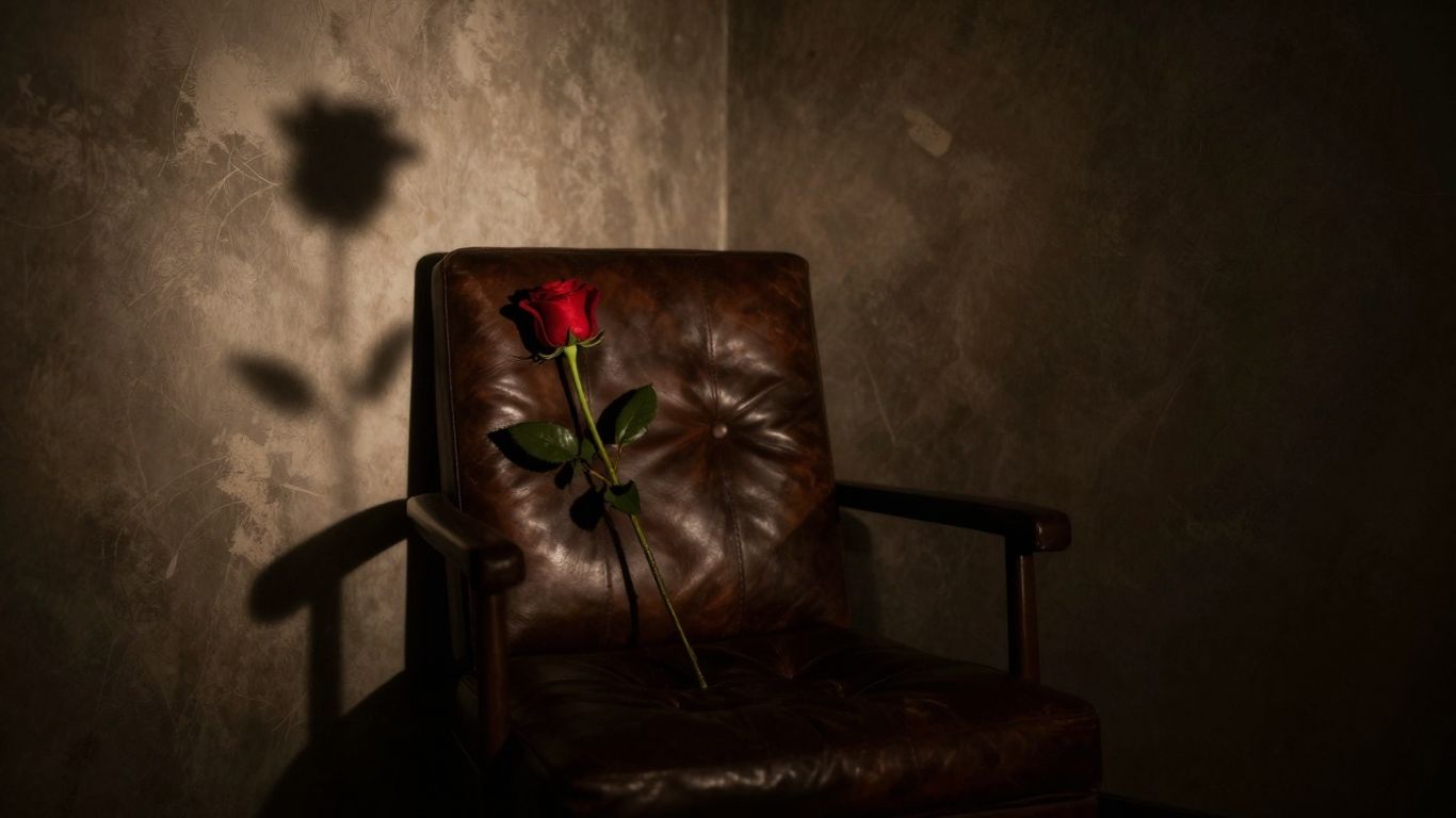 Dimly lit room with leather chair and red rose.