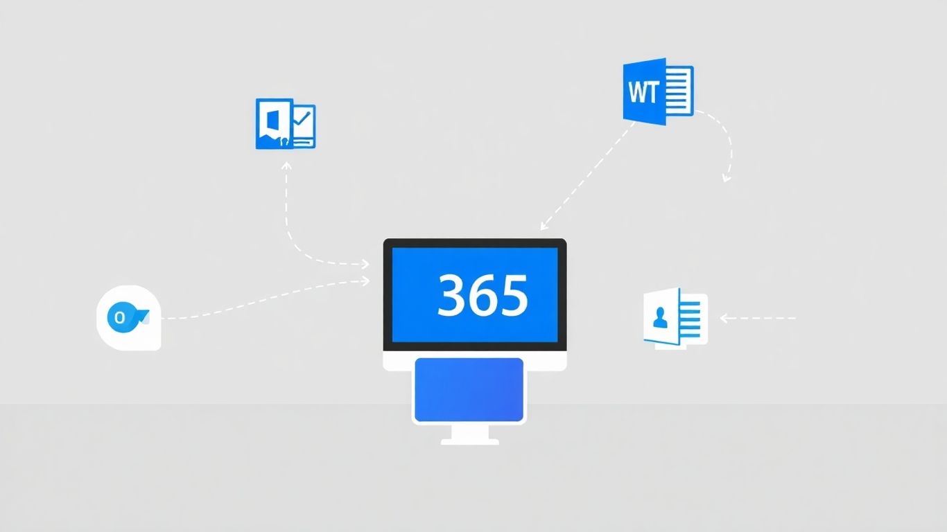 Office 365 icons and IT support infographic.