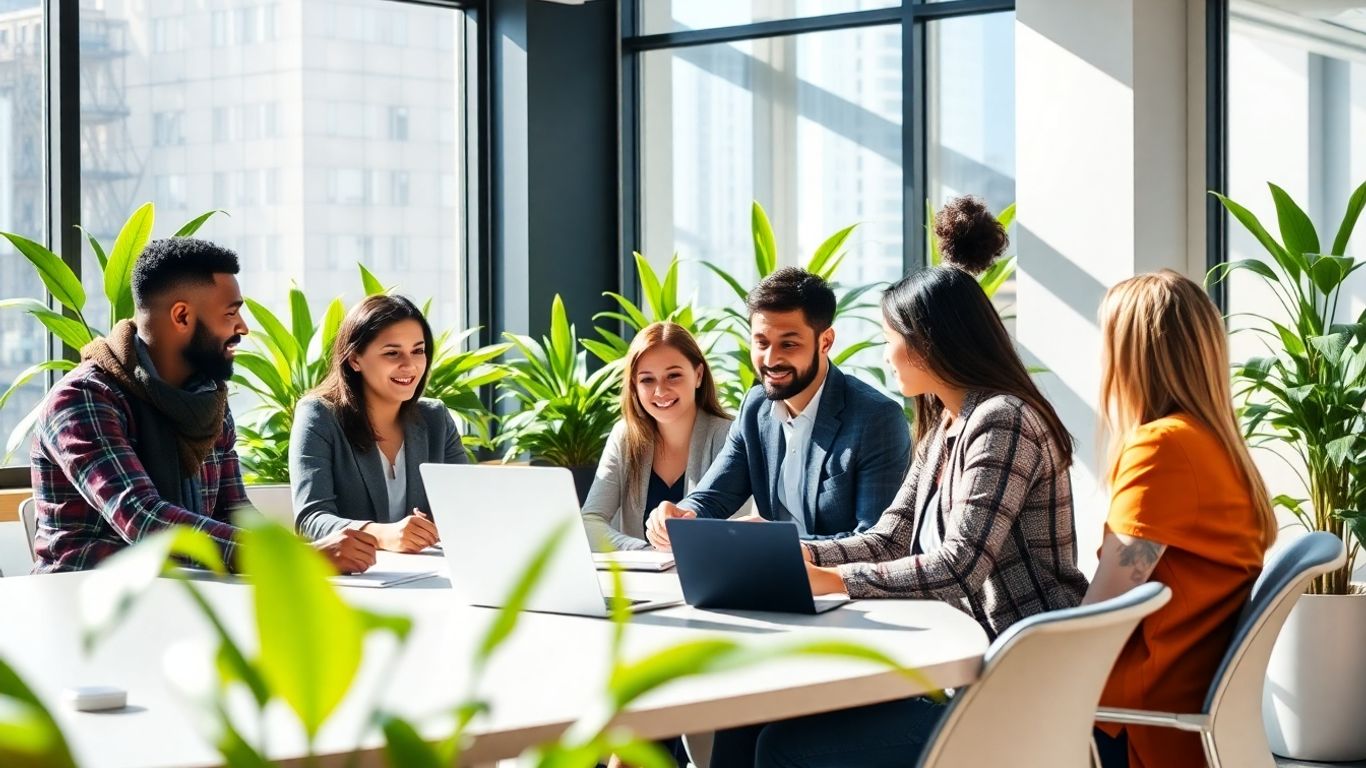 Business professionals collaborating in a modern Wisconsin office.