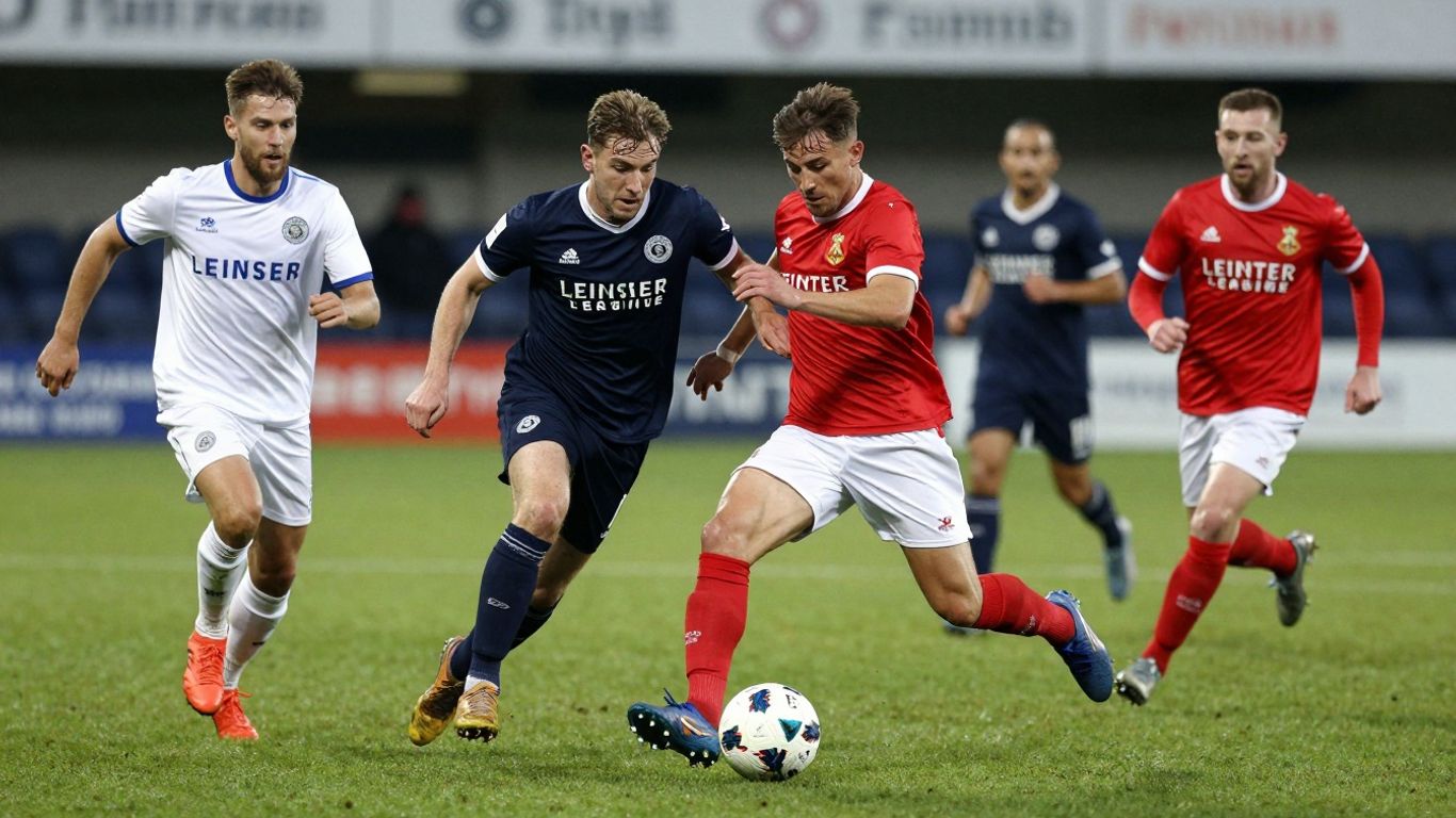 Leinster Senior League soccer players in action on a green pitch.