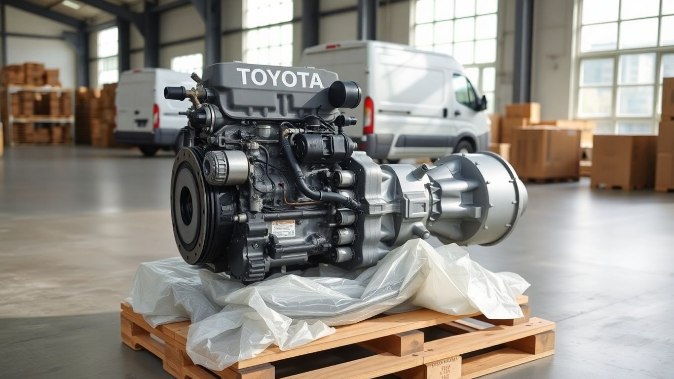 Used Toyota Echo engine gearbox on pallet in warehouse