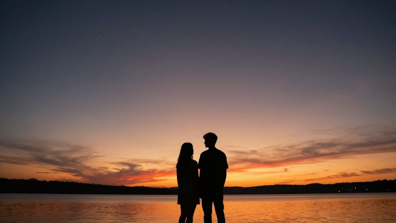 Romantischer Sonnenuntergang über einem See mit Sternenhimmel.
