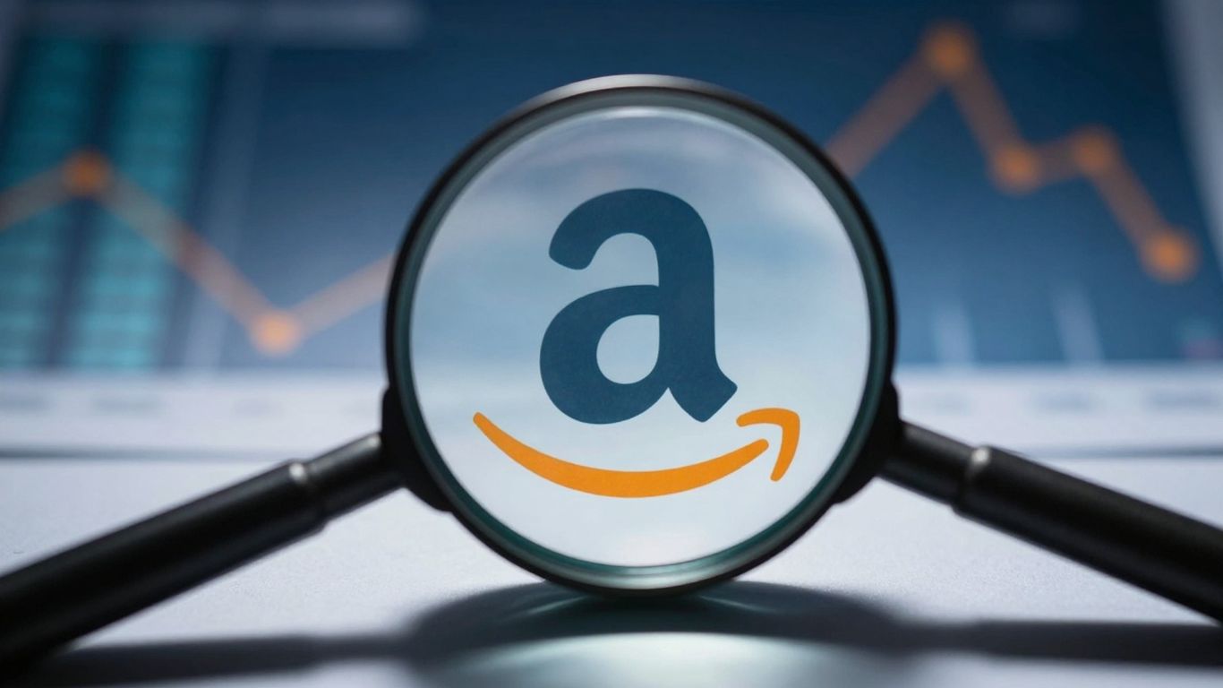 Magnifying glass over Amazon logo, competitor analysis concept.