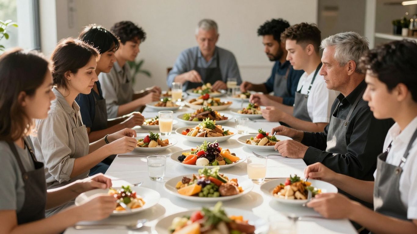 Catering professionals networking at a food event.