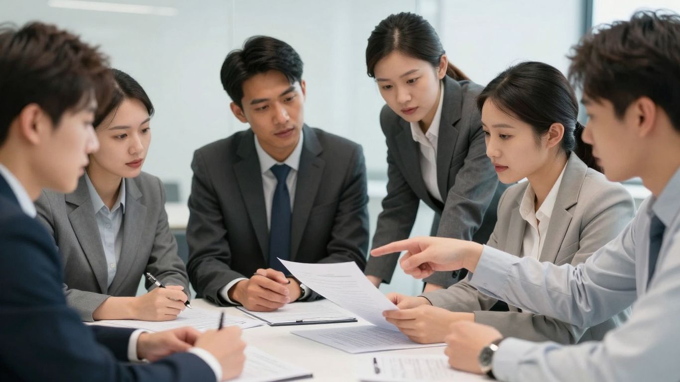 Employees discussing work documents in an office.