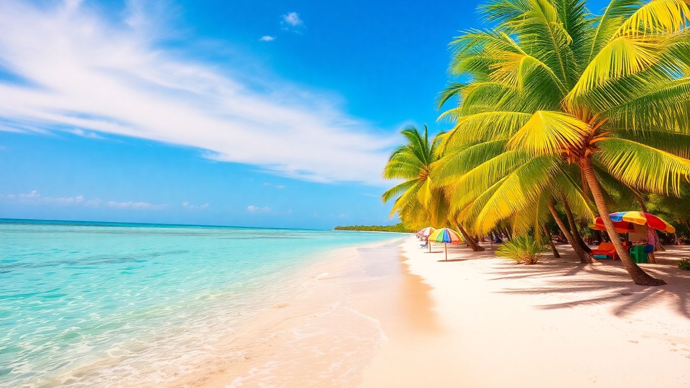 Tropical beach with white sand and turquoise water.