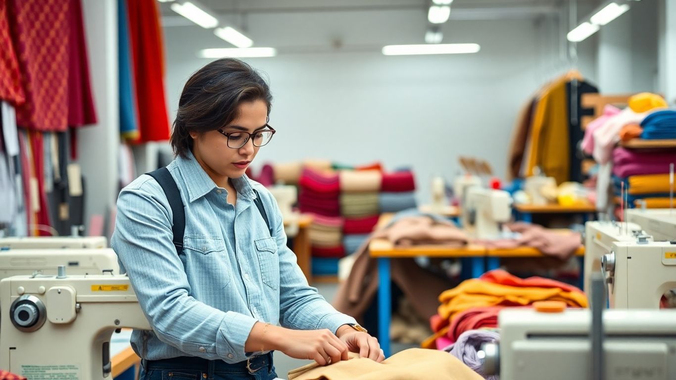 Tânăr antreprenor în atelier textil, înconjurat de materiale colorate.