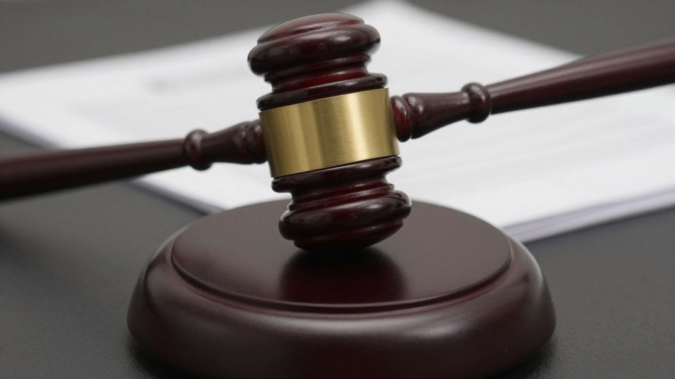 Gavel striking sound block, legal documents blurred background.