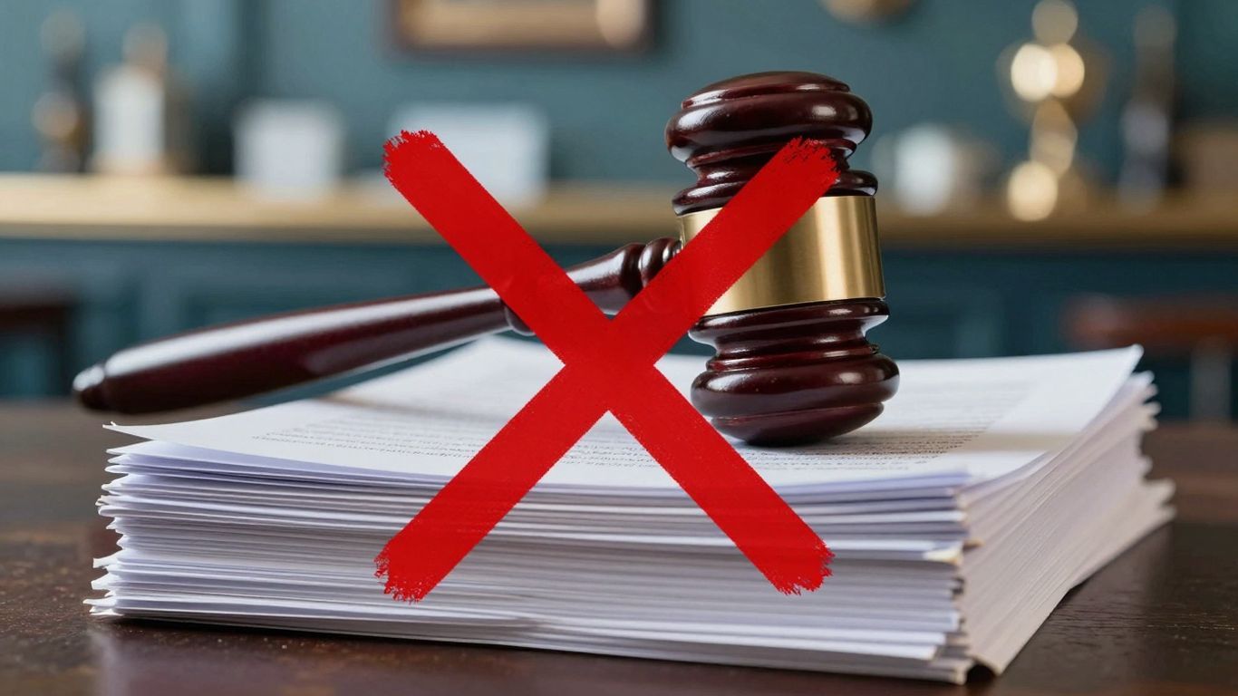 Gavel hitting documents, red X mark over them.