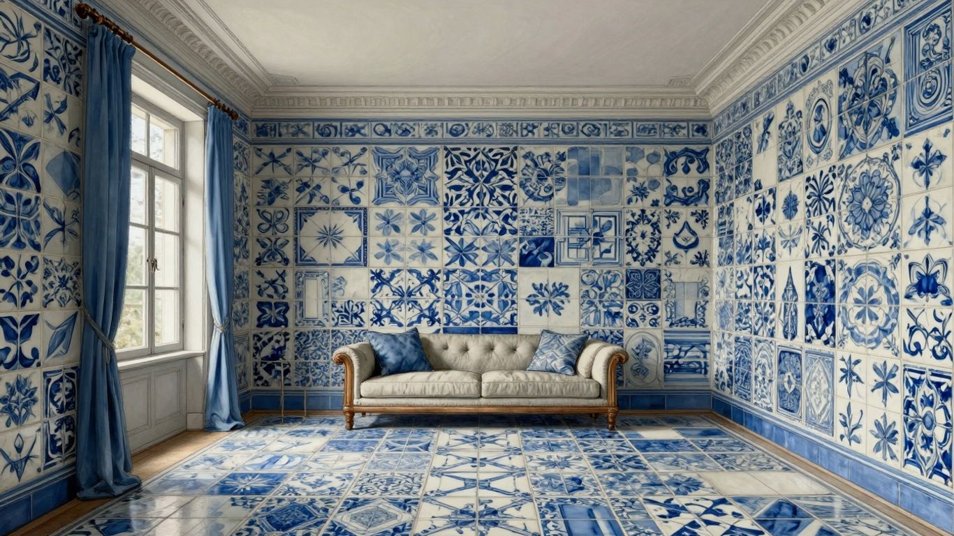 Baldosas de porcelana azul en un boceto de diseño de habitación.