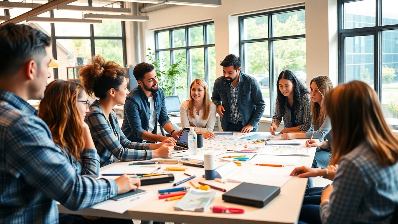 Diverse team collaborating around a creative project table