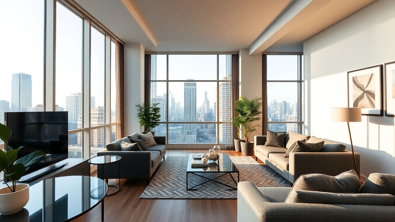 Modern apartment interior with city views.