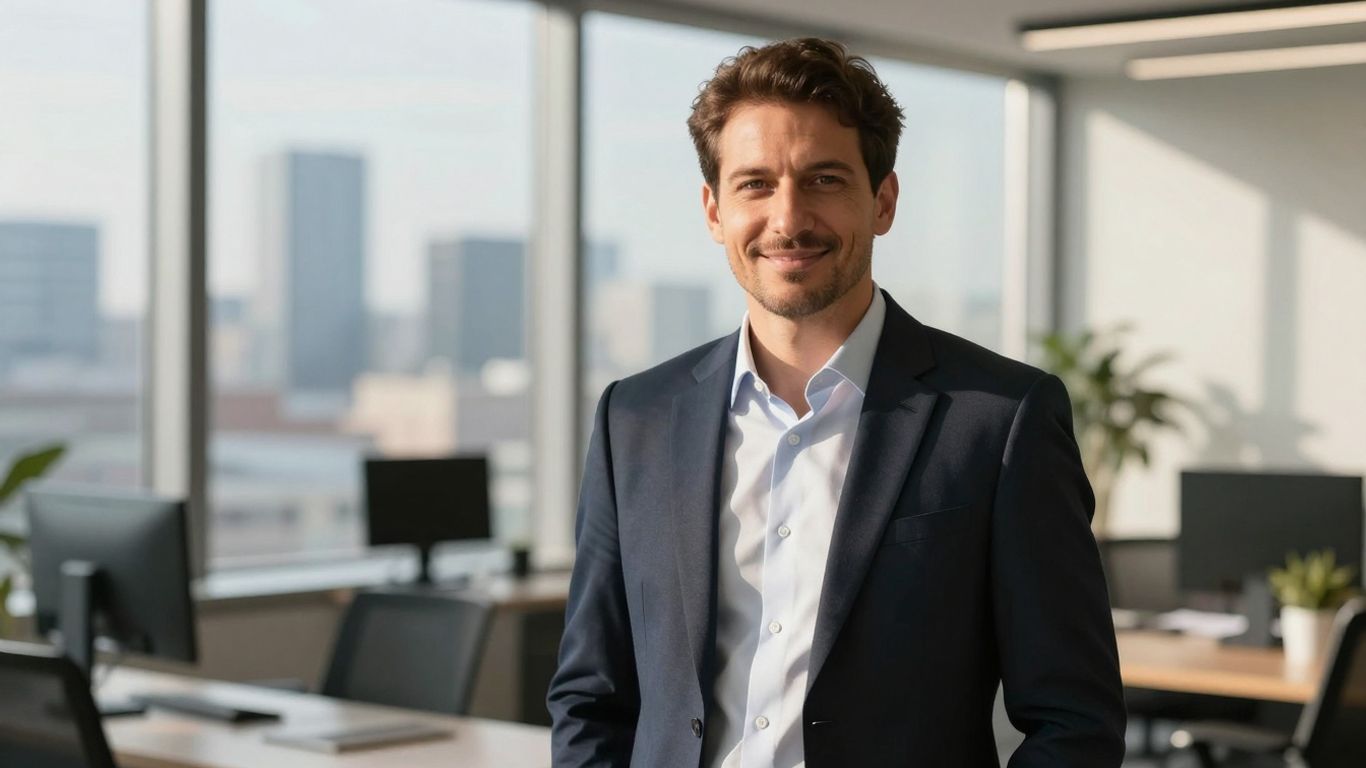 Financial advisor in Germany smiling professionally.