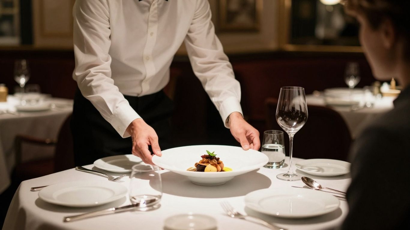 Elegantes Pariser Restaurant mit feiner Tischdeko und Gourmetgericht