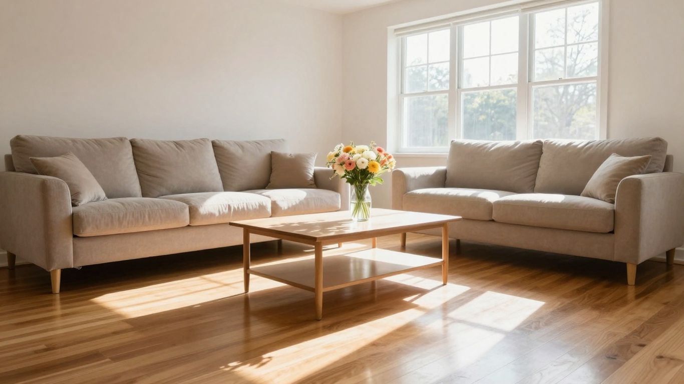 Sparkling clean living room with sunlight and fresh flowers.