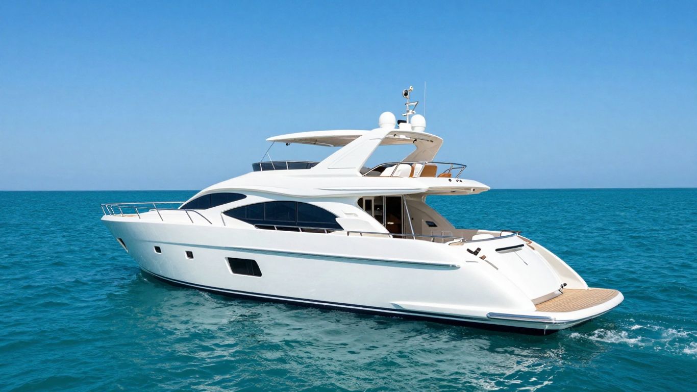 Luxurious 80-meter yacht on calm blue water.