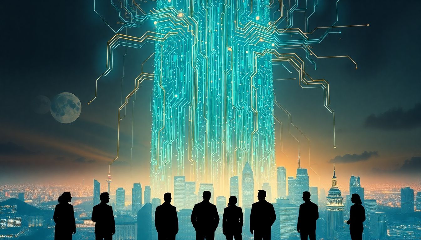 Abstract AI structure overshadowing a city, with concerned people below.