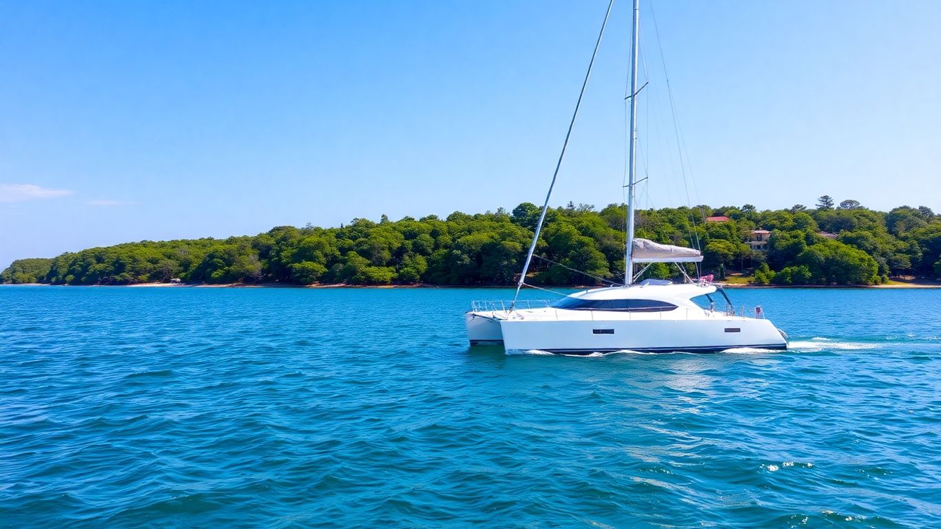 Catamaran sailing on Houston waters near green shore.