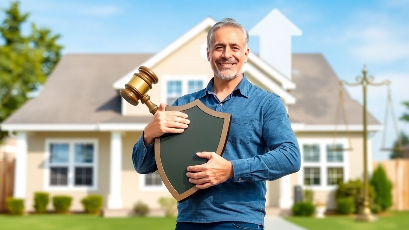 Casa protegida con escudo y martillo de juez.