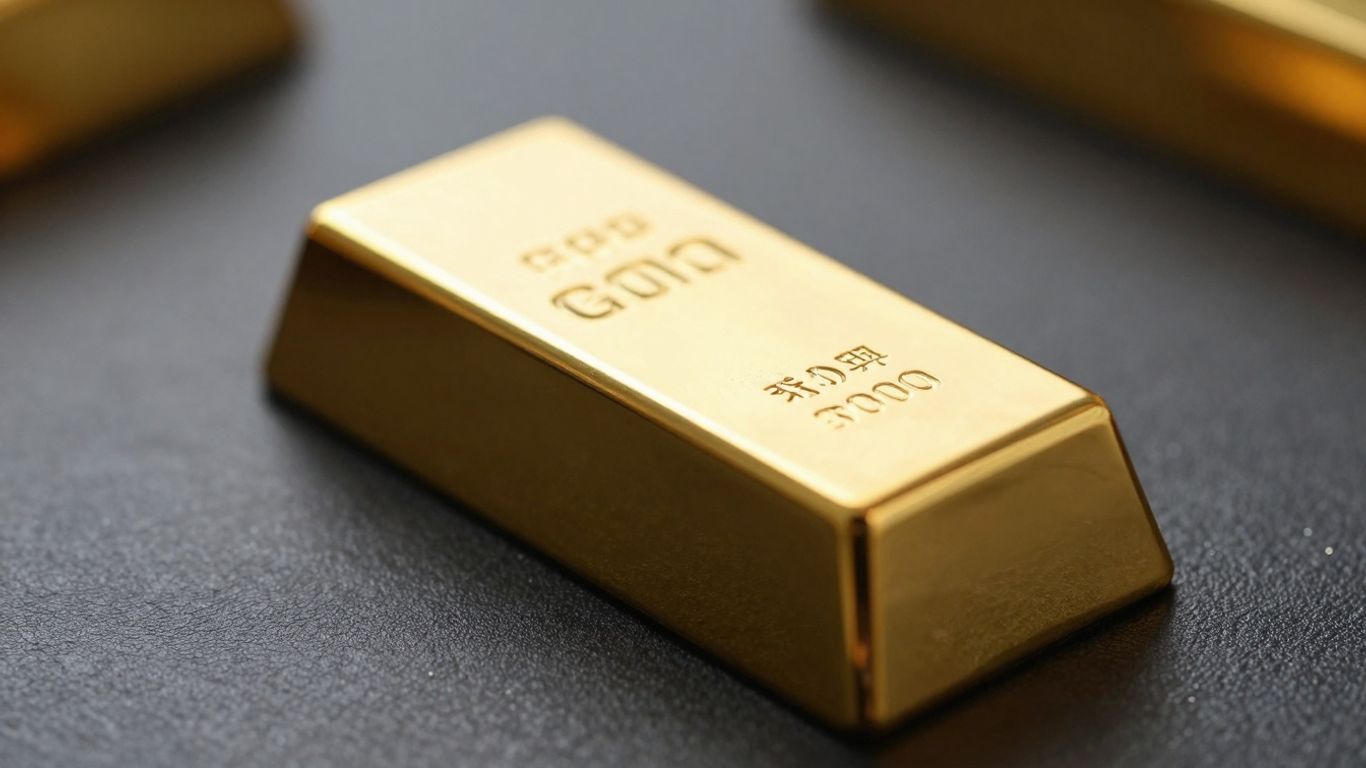 Gold bar on dark surface, glinting.