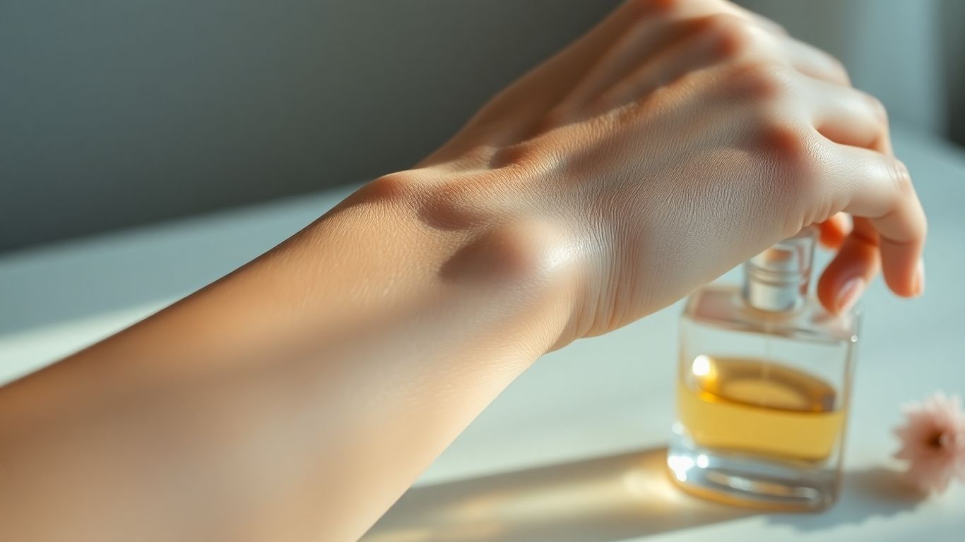 Woman's wrist with perfume bottle, fading scent.