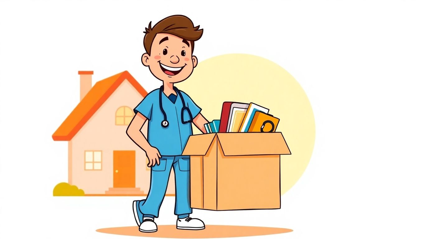 Cartoon doctor packing moving box for residency relocation.