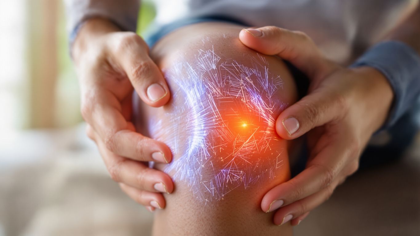 Persona aplicando hielo y calor en articulación adolorida.